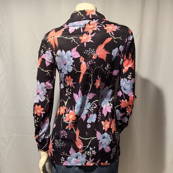 70s Black Floral Blouse Peony Clematis Birds Fun Vintage Made in USA Sz Small - Picture 6 of 8